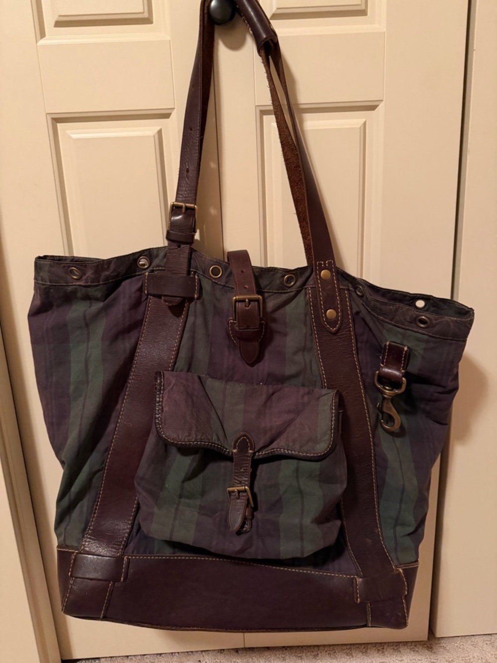 Ralph Lauren Polo Leather-Trimmed plaid Canvas Tote Bag - travel